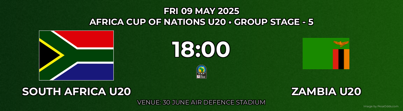 South Africa U20 vs Zambia U20 Prediction match poster for Africa Cup of Nations U20 fixture on FRI 09 MAY 2025