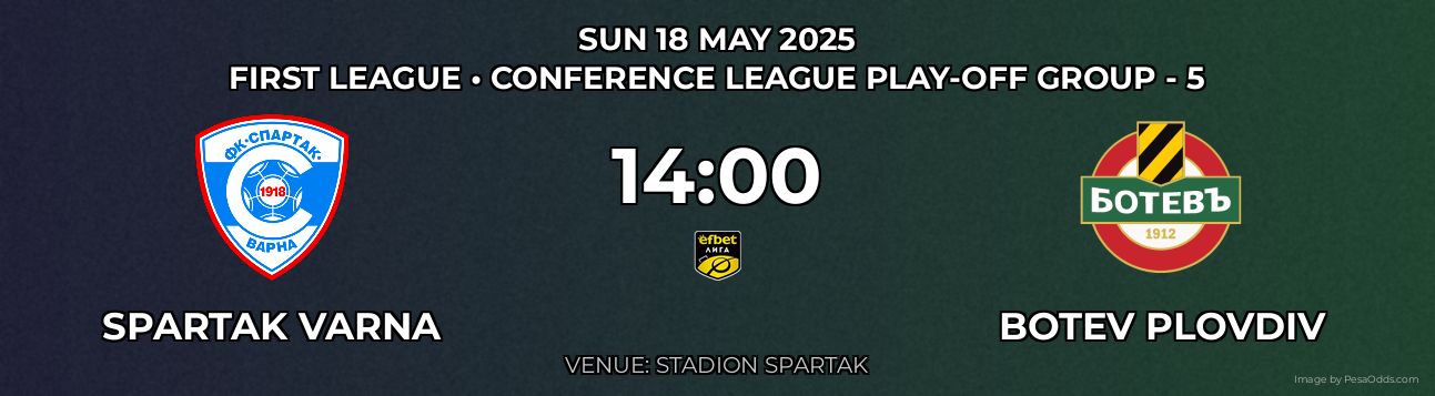 Spartak Varna vs Botev Plovdiv Prediction match poster for First League fixture on SUN 18 MAY 2025