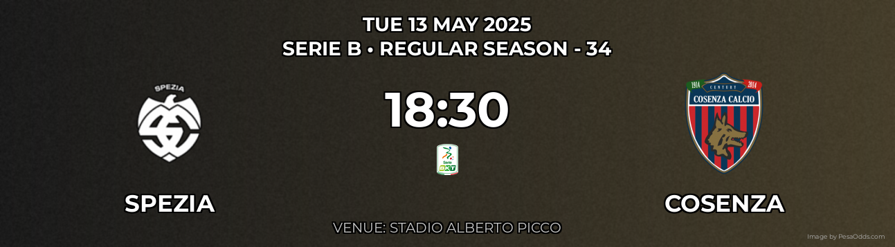 Spezia vs Cosenza Prediction match poster for Serie B fixture on TUE 13 MAY 2025