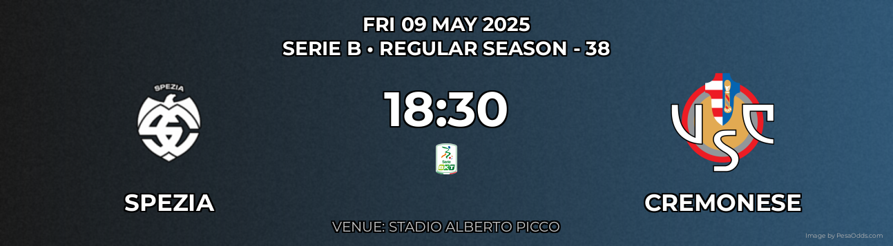Spezia vs Cremonese Prediction match poster for Serie B fixture on FRI 09 MAY 2025