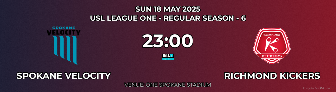 Spokane Velocity vs Richmond Kickers Prediction match poster for USL League One fixture on SUN 18 MAY 2025