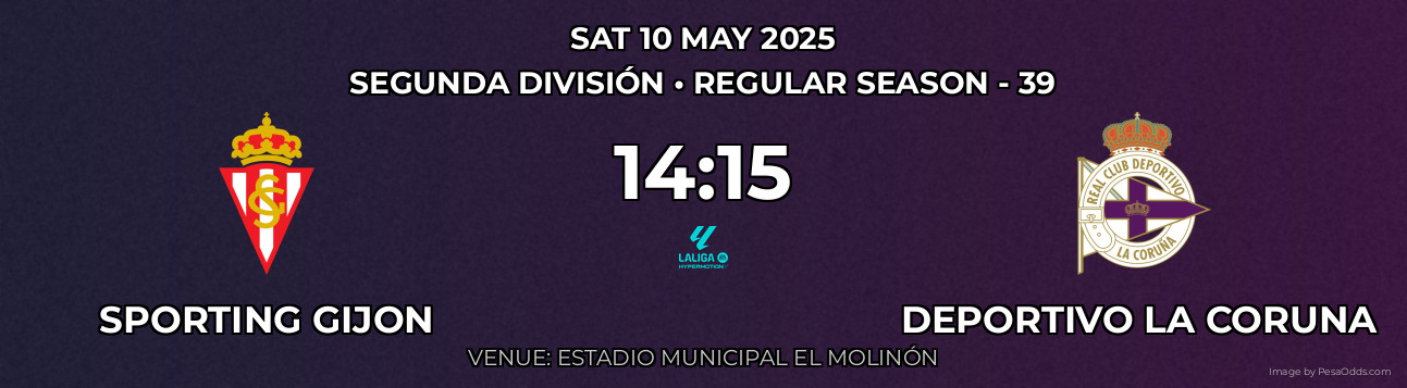 Sporting Gijon vs Deportivo La Coruna Prediction match poster for Segunda División fixture on SAT 10 MAY 2025