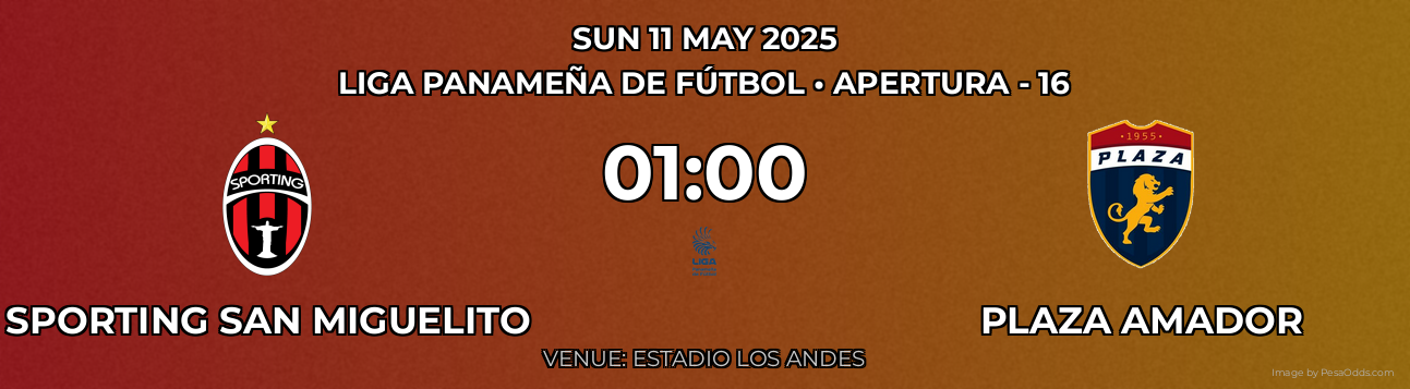 Sporting San Miguelito vs Plaza Amador Prediction match poster for Liga Panameña de Fútbol fixture on SUN 11 MAY 2025