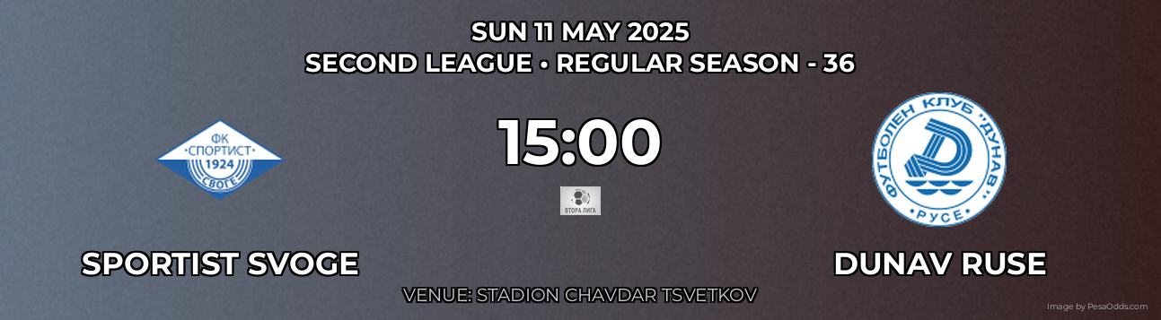 Sportist Svoge vs Dunav Ruse Prediction match poster for Second League fixture on SUN 11 MAY 2025