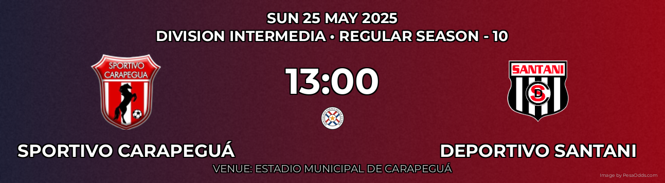 Sportivo Carapeguá vs Deportivo Santani Prediction match poster for Division Intermedia fixture on SUN 25 MAY 2025
