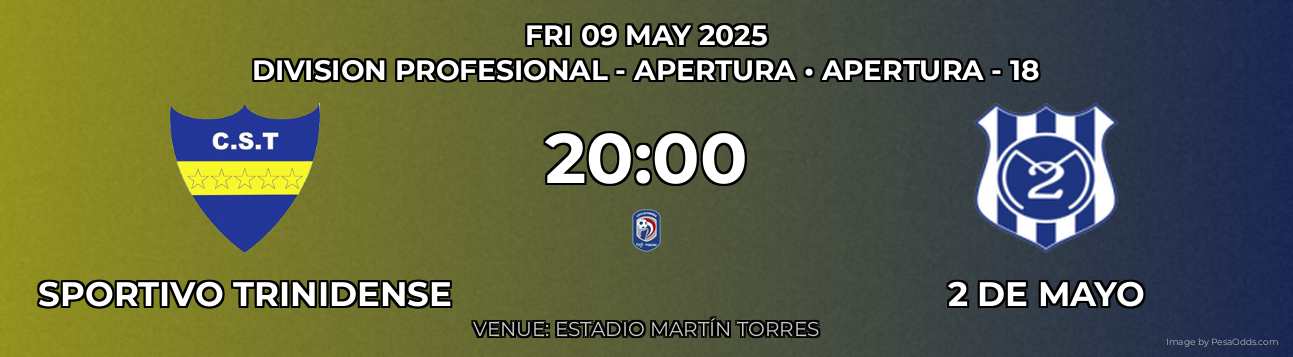 Sportivo Trinidense vs 2 de Mayo Prediction match poster for Division Profesional - Apertura fixture on FRI 09 MAY 2025