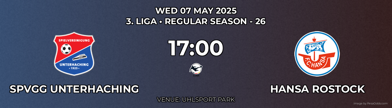 SpVgg Unterhaching vs Hansa Rostock Prediction match poster for 3. Liga fixture on WED 07 MAY 2025