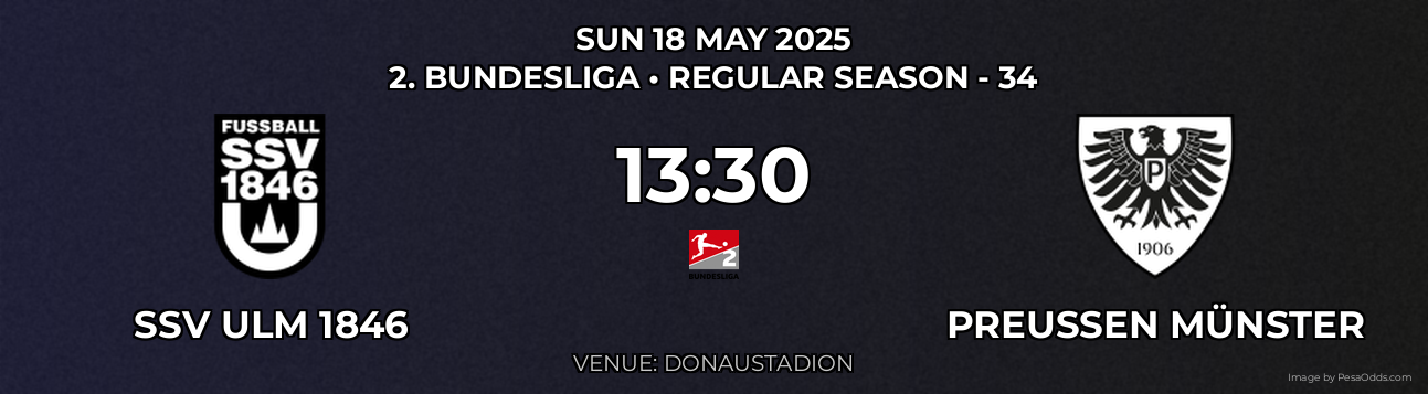 SSV Ulm 1846 vs Preußen Münster Prediction match poster for 2. Bundesliga fixture on SUN 18 MAY 2025