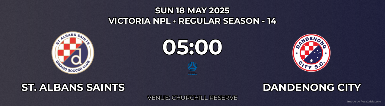St. Albans Saints vs Dandenong City Prediction match poster for Victoria NPL fixture on SUN 18 MAY 2025