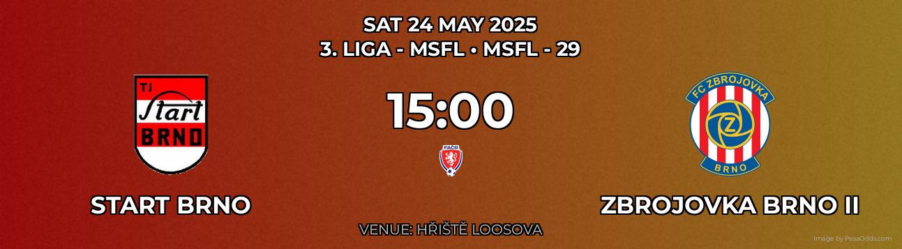 Start Brno vs Zbrojovka Brno II Prediction match poster for 3. liga - MSFL fixture on SAT 24 MAY 2025