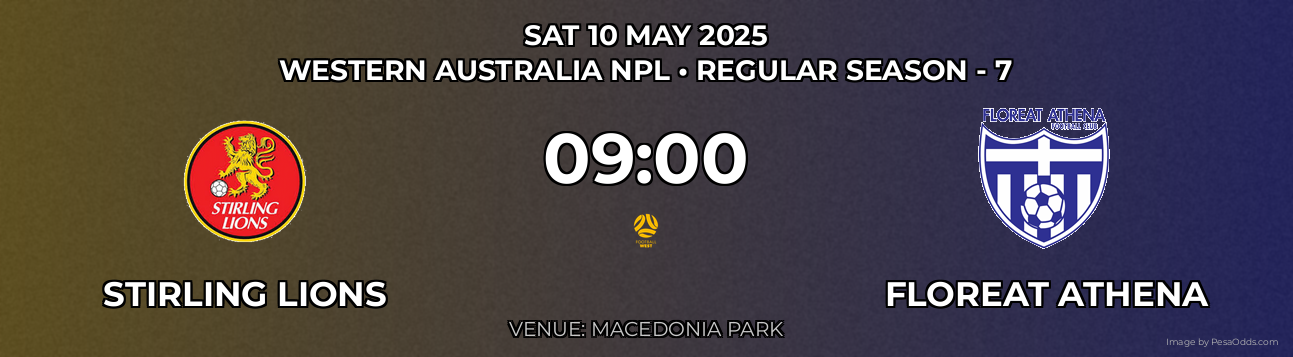 Stirling Lions vs Floreat Athena Prediction match poster for Western Australia NPL fixture on SAT 10 MAY 2025
