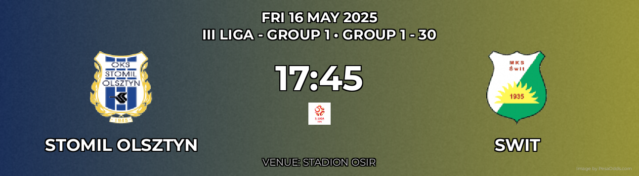 Stomil Olsztyn vs Swit Prediction match poster for III Liga - Group 1 fixture on FRI 16 MAY 2025