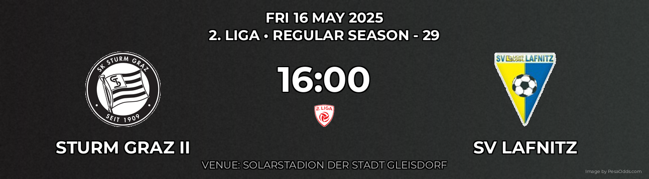 Sturm Graz II vs SV Lafnitz Prediction match poster for 2. Liga fixture on FRI 16 MAY 2025