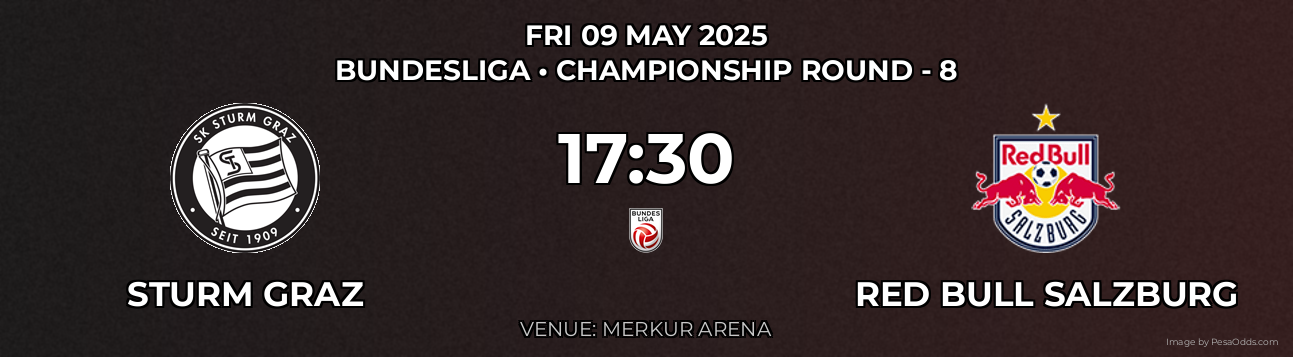 Sturm Graz vs Red Bull Salzburg Prediction match poster for Bundesliga fixture on FRI 09 MAY 2025