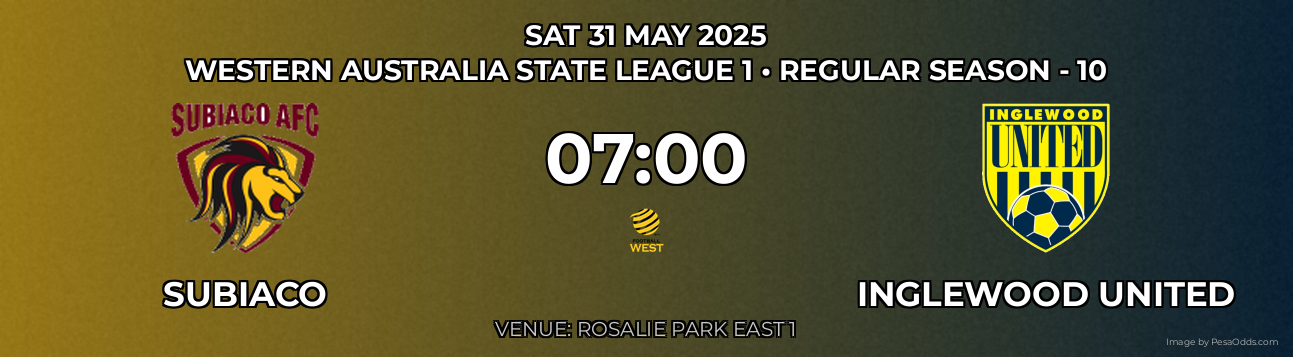 Subiaco vs Inglewood United Prediction match poster for Western Australia State League 1 fixture on SAT 31 MAY 2025