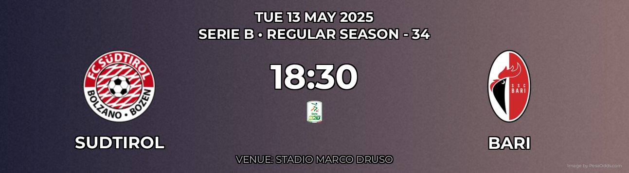 Sudtirol vs Bari Prediction match poster for Serie B fixture on TUE 13 MAY 2025