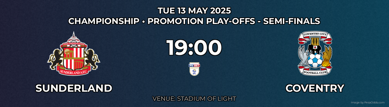 Sunderland vs Coventry Prediction match poster for Championship fixture on TUE 13 MAY 2025