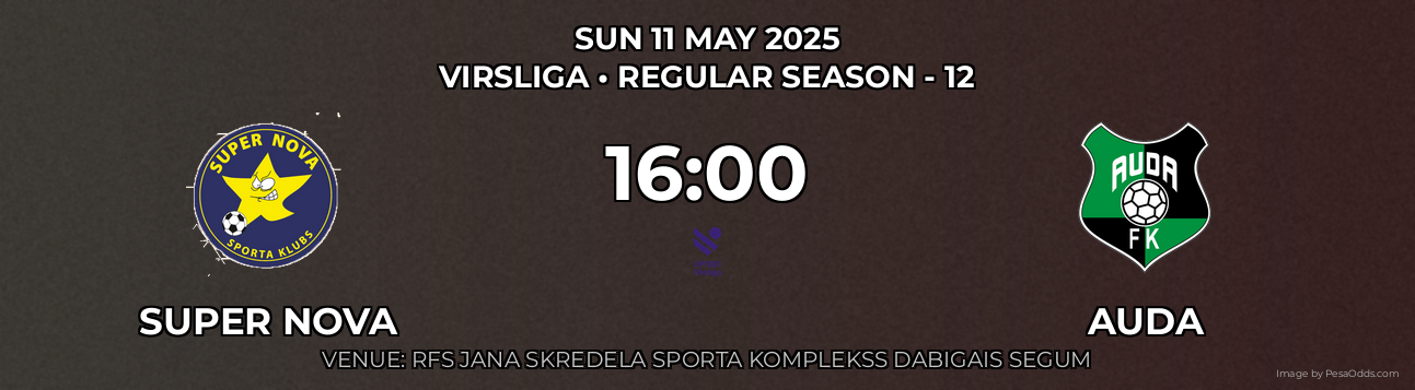 Super Nova vs Auda Prediction match poster for Virsliga fixture on SUN 11 MAY 2025