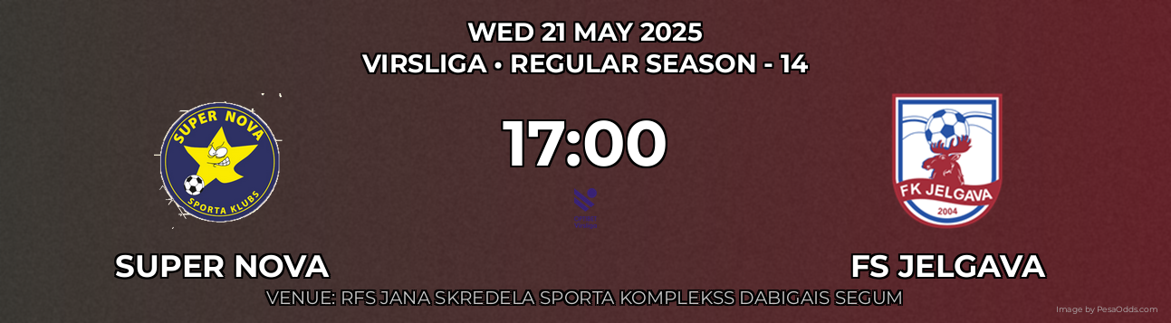 Super Nova vs FS Jelgava Prediction match poster for Virsliga fixture on WED 21 MAY 2025
