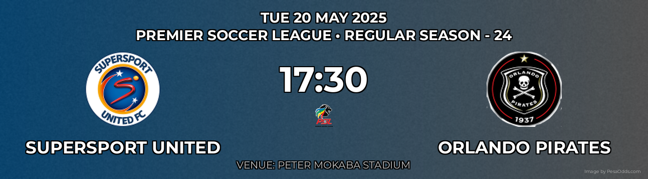 Supersport United vs Orlando Pirates Prediction match poster for Premier Soccer League fixture on TUE 20 MAY 2025