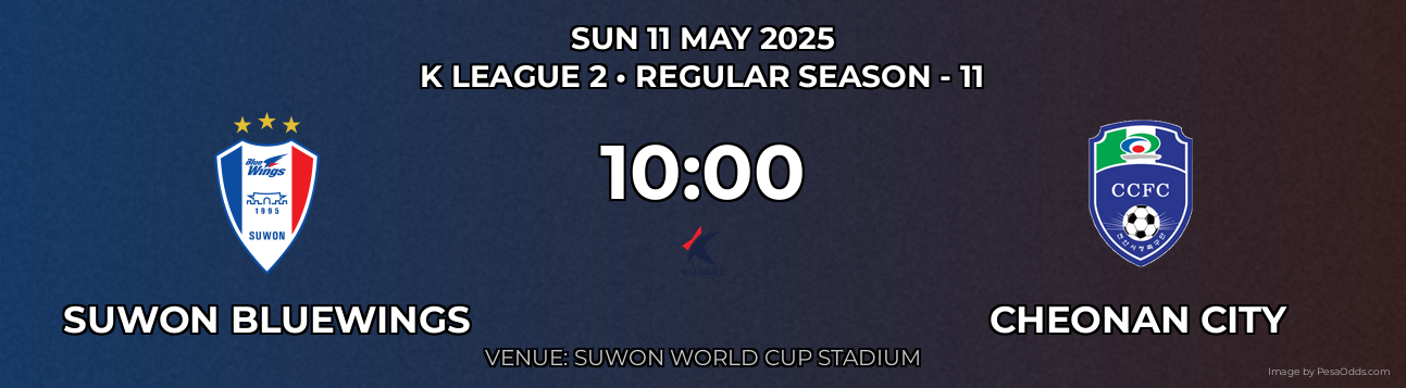 Suwon Bluewings vs Cheonan City Prediction match poster for K League 2 fixture on SUN 11 MAY 2025