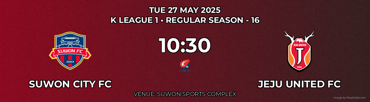 Suwon City FC vs Jeju United FC Prediction match poster for K League 1 fixture on TUE 27 MAY 2025