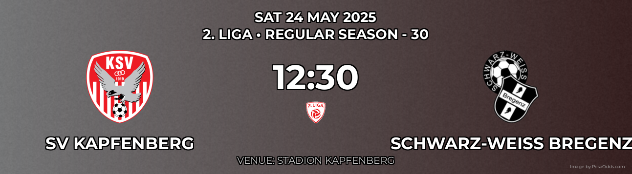 SV Kapfenberg vs Schwarz-Weiß Bregenz Prediction match poster for 2. Liga fixture on SAT 24 MAY 2025