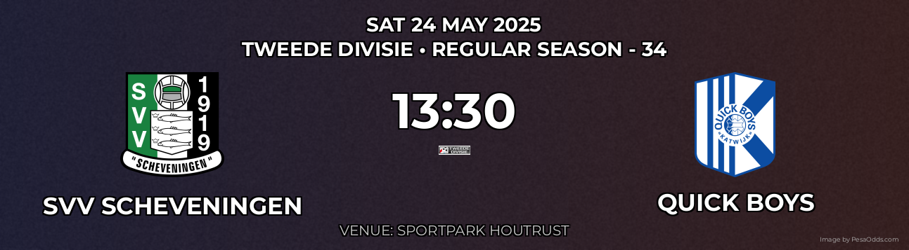 SVV Scheveningen vs Quick Boys Prediction match poster for Tweede Divisie fixture on SAT 24 MAY 2025