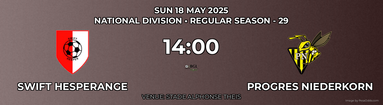 Swift Hesperange vs Progres Niederkorn Prediction match poster for National Division fixture on SUN 18 MAY 2025