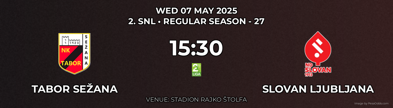 Tabor Sežana vs Slovan Ljubljana Prediction match poster for 2. SNL fixture on WED 07 MAY 2025