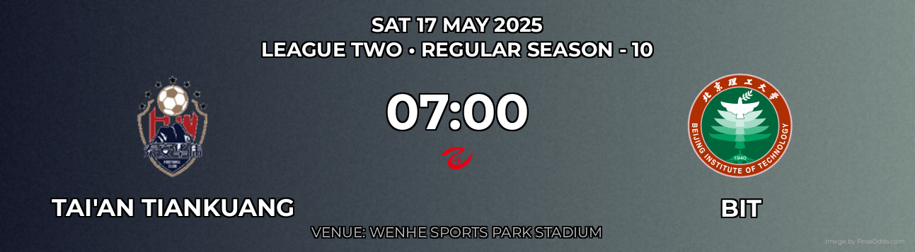 Tai'an Tiankuang vs BIT Prediction match poster for League Two fixture on SAT 17 MAY 2025
