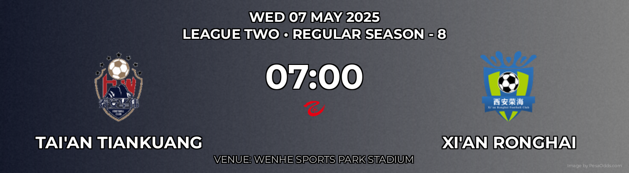 Tai'an Tiankuang vs Xi'an Ronghai Prediction match poster for League Two fixture on WED 07 MAY 2025