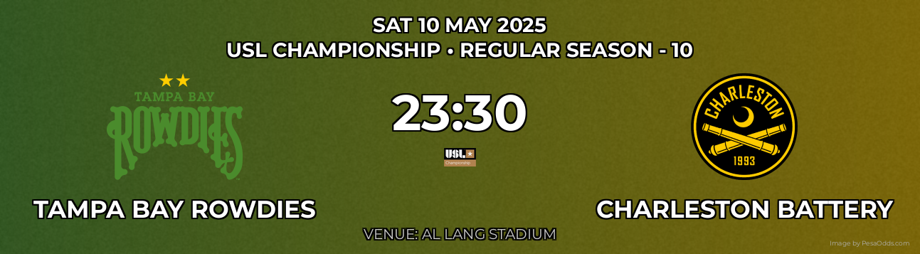 Tampa Bay Rowdies vs Charleston Battery Prediction match poster for USL Championship fixture on SAT 10 MAY 2025
