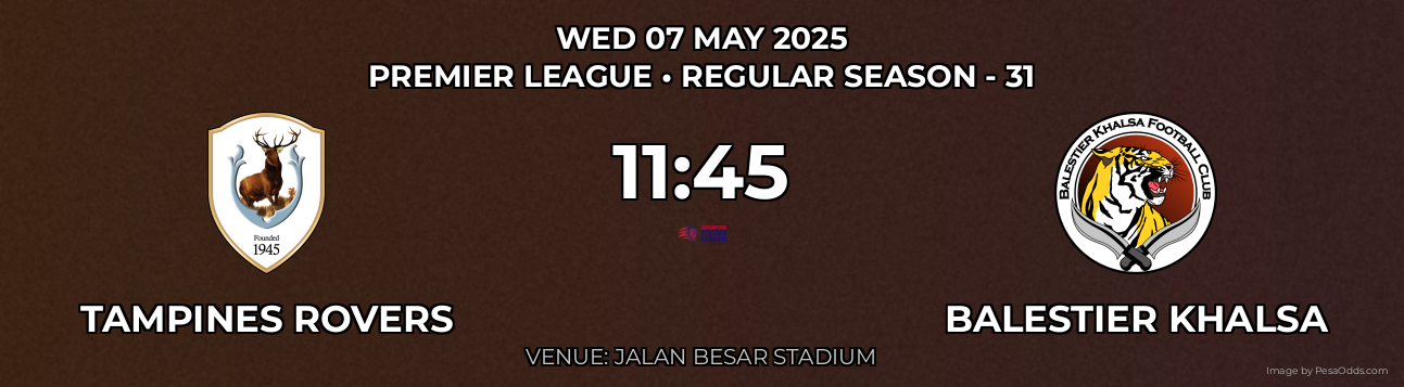 Tampines Rovers vs Balestier Khalsa Prediction match poster for Premier League fixture on WED 07 MAY 2025