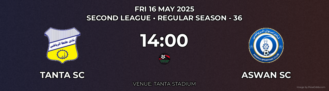 Tanta SC vs Aswan Sc Prediction match poster for Second League fixture on FRI 16 MAY 2025