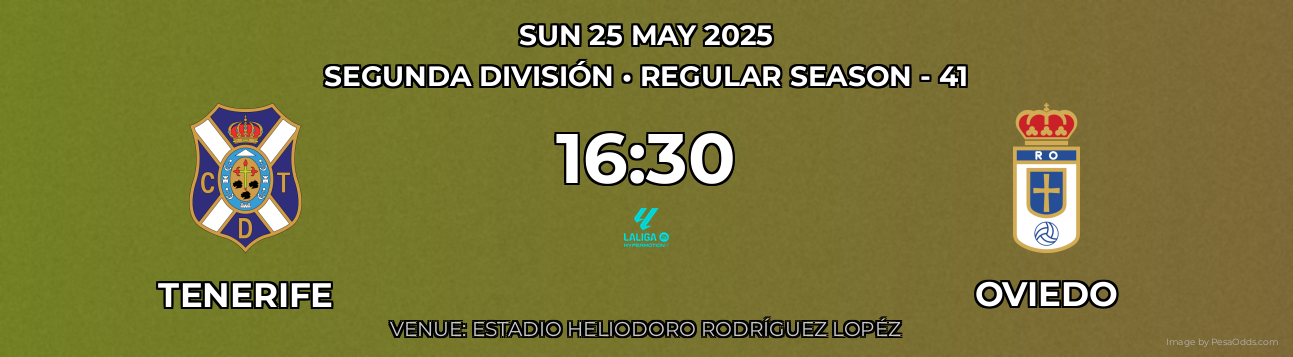 Tenerife vs Oviedo Prediction match poster for Segunda División fixture on SUN 25 MAY 2025