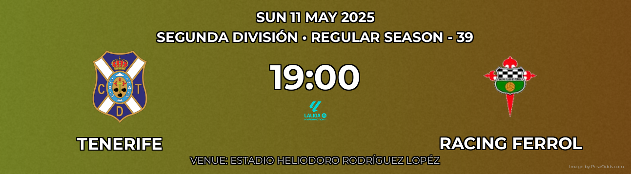 Tenerife vs Racing Ferrol Prediction match poster for Segunda División fixture on SUN 11 MAY 2025