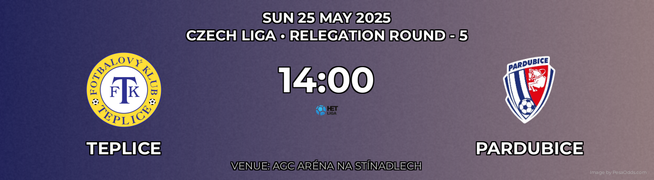 Teplice vs Pardubice Prediction match poster for Czech Liga fixture on SUN 25 MAY 2025