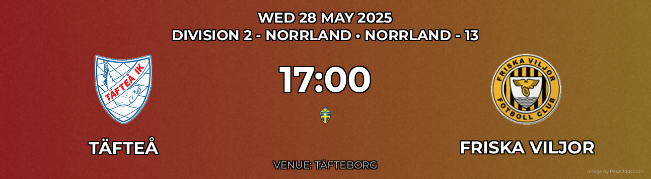 Täfteå vs Friska Viljor Prediction match poster for Division 2 - Norrland fixture on WED 28 MAY 2025