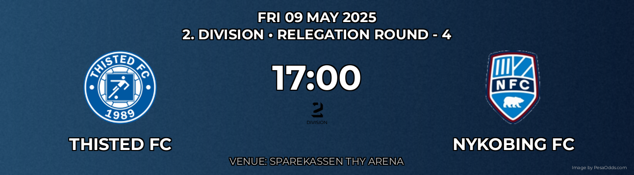 Thisted FC vs Nykobing FC Prediction match poster for 2. Division fixture on FRI 09 MAY 2025