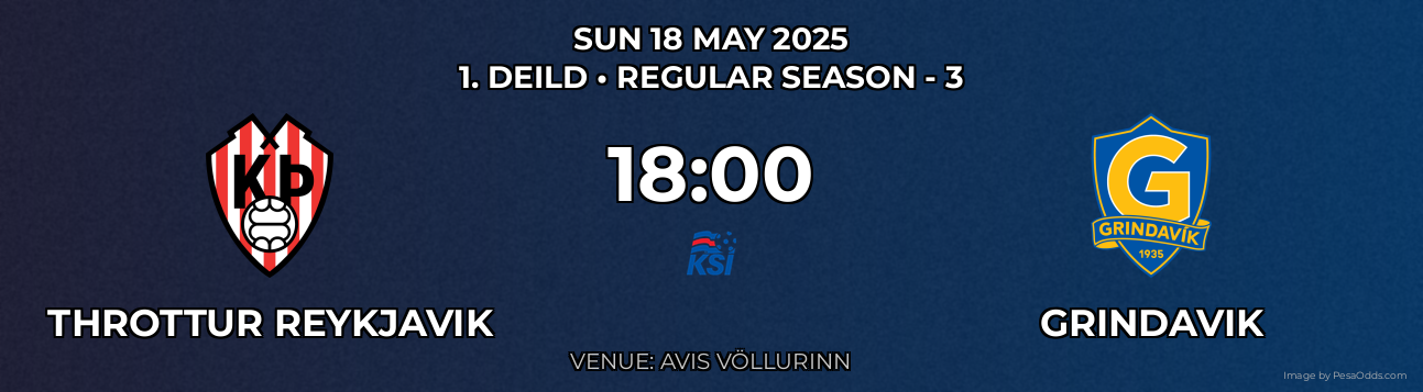 Throttur Reykjavik vs Grindavik Prediction match poster for 1. Deild fixture on SUN 18 MAY 2025