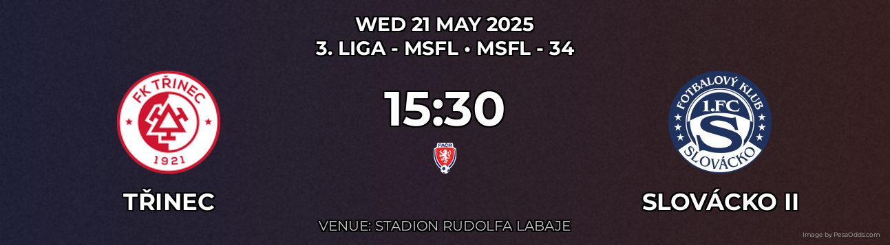 Třinec vs Slovácko II Prediction match poster for 3. liga - MSFL fixture on WED 21 MAY 2025
