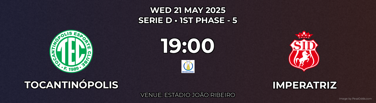 Tocantinópolis vs Imperatriz Prediction match poster for Serie D fixture on WED 21 MAY 2025