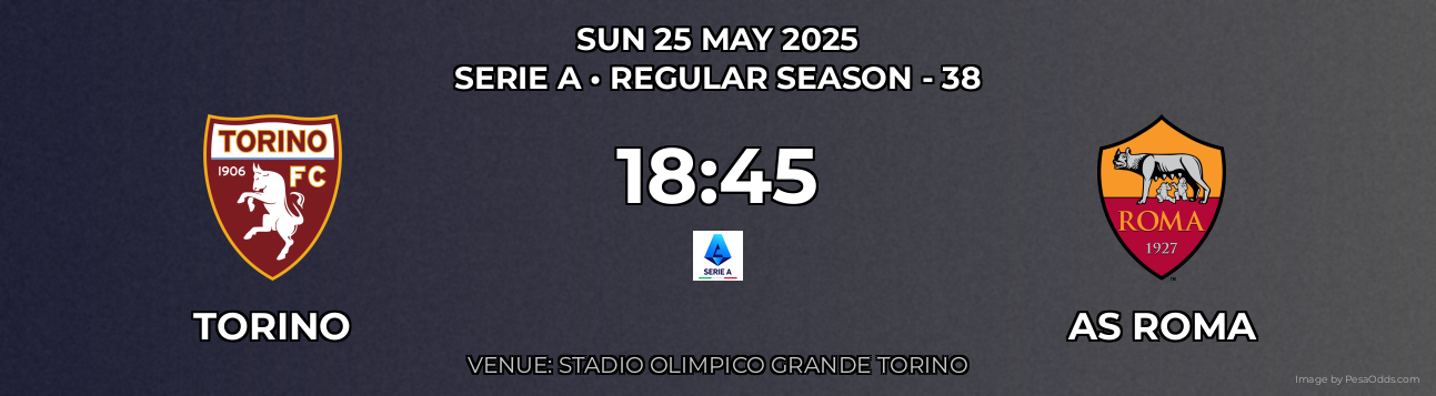 Torino vs AS Roma Prediction match poster for Serie A fixture on SUN 25 MAY 2025