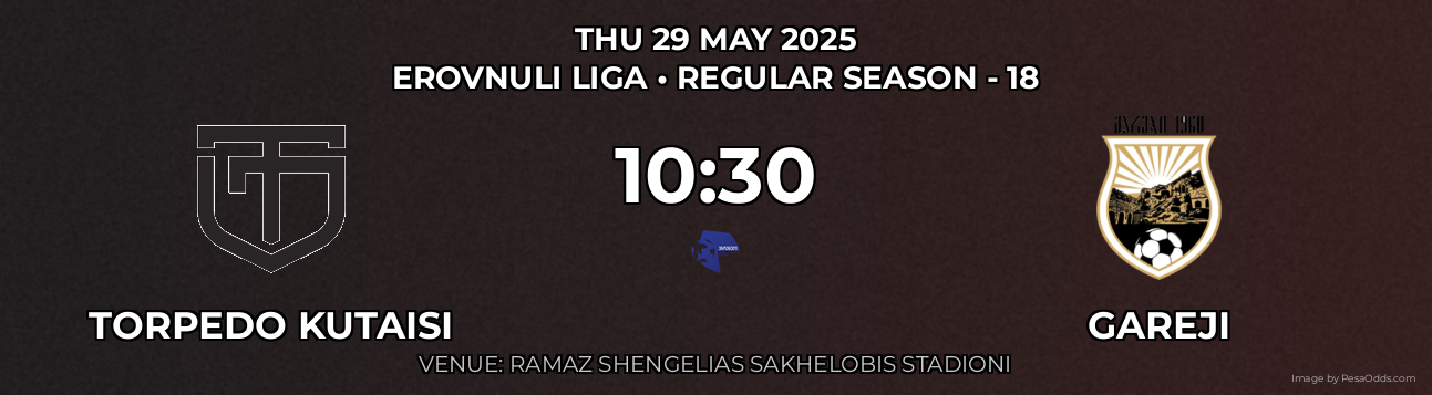 Torpedo Kutaisi vs Gareji Prediction match poster for Erovnuli Liga fixture on THU 29 MAY 2025