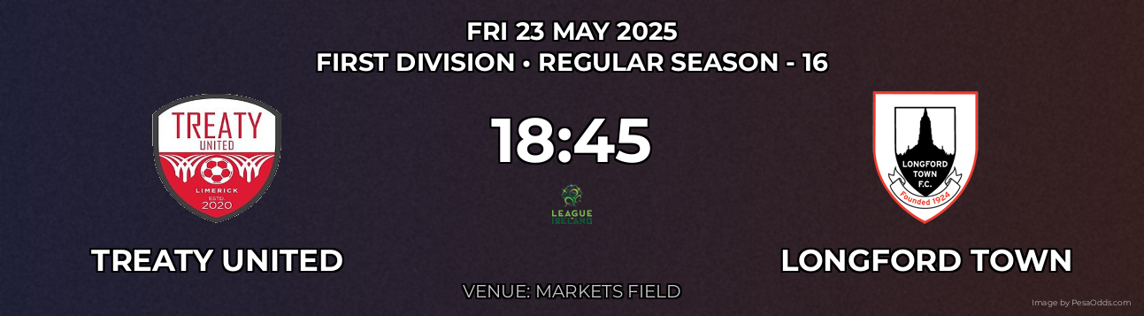 Treaty United vs Longford Town Prediction match poster for First Division fixture on FRI 23 MAY 2025