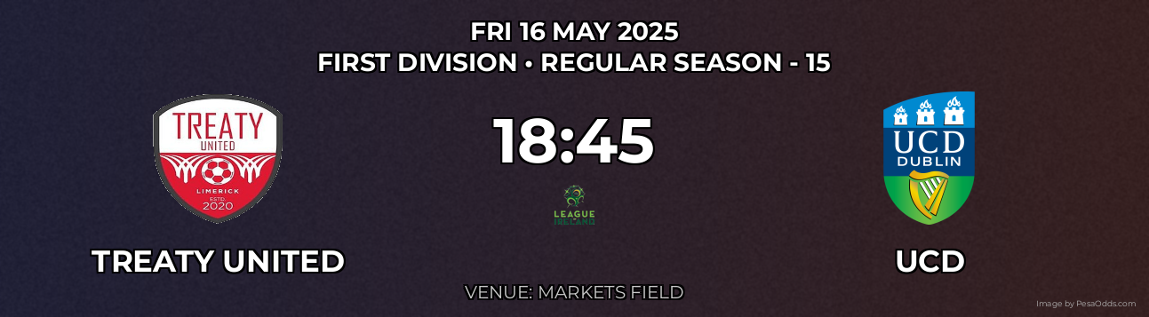 Treaty United vs UCD Prediction match poster for First Division fixture on FRI 16 MAY 2025