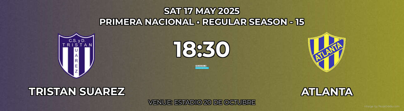 Tristan Suarez vs Atlanta Prediction match poster for Primera Nacional fixture on SAT 17 MAY 2025