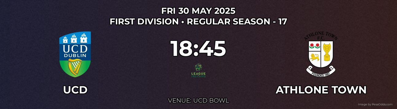 UCD vs Athlone Town Prediction match poster for First Division fixture on FRI 30 MAY 2025
