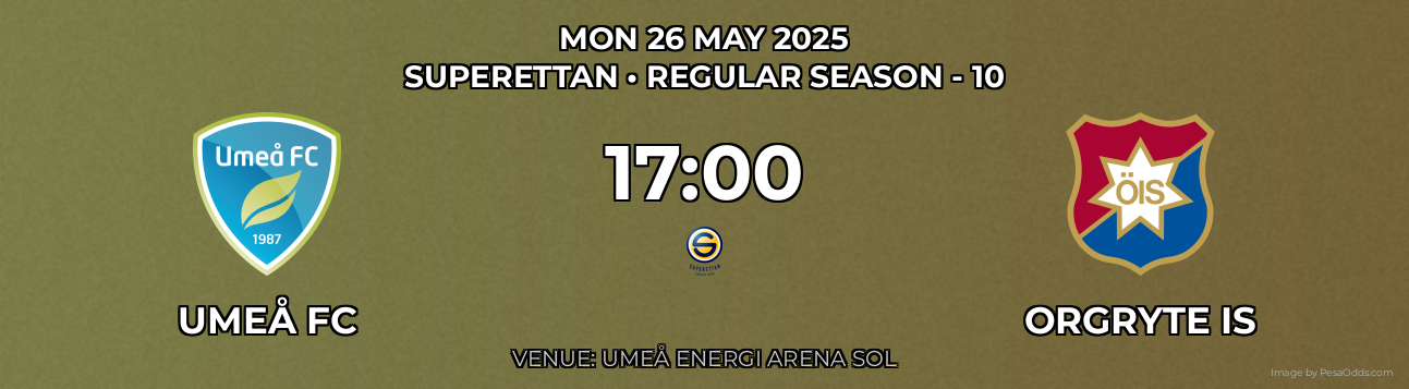 Umeå FC vs Orgryte IS Prediction match poster for Superettan fixture on MON 26 MAY 2025